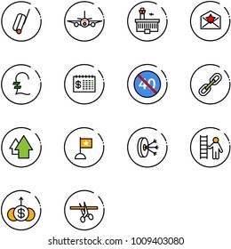 line vector icon set - suitcase vector, plane, airport building, star letter, pound, finance calendar, end minimal speed limit road sign, link, arrow up, flag, solution, opportunity, dollar growth