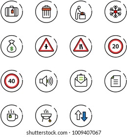 line vector icon set - suitcase vector, trash bin, baby room, snowflake, money bag, intersection road sign, narrows, speed limit 20, 40, volume max, opened mail, document, hot tea, grill