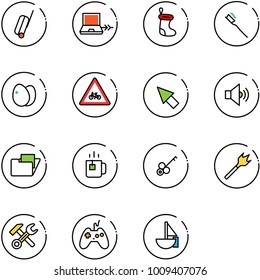 line vector icon set - suitcase vector, netabook connect, christmas sock, tooth brush, eggs, road for moto sign, cursor, volume medium, folder, green tea, key, wood drill, wrench hammer, joystick