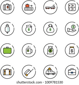 line vector icon set - suitcase vector, baggage, truck, room, drop counter, money bag, investment, case, green tea, car