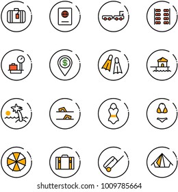 line vector icon set - suitcase vector, passport, baggage truck, plane seats, scales, dollar pin, flippers, bungalow, palm, flip flops, swimsuit, parasol, tent