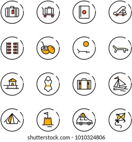 line vector icon set - suitcase vector, baggage, passport, trap truck, plane seats, coconut cocktail, lounger, bungalow, swimsuit, sail boat, tent, sand castle, car, kite