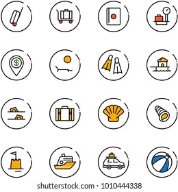 line vector icon set - suitcase vector, baggage, passport, scales, dollar pin, lounger, flippers, bungalow, flip flops, shell, sand castle, cruiser, car, beach ball