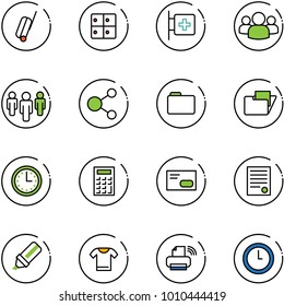 line vector icon set - suitcase vector, baggage room, first aid, group, share, folder, time, calculator, envelope, agreement, highlight marker, t shirt, printer wireless, clock