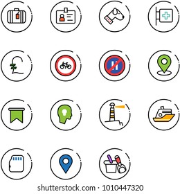 line vector icon set - suitcase vector, identity, dog, first aid room, pound, no bike road sign, parking even, map pin, flag, head bulb, lighthouse, cruiser, micro flash card, navigation