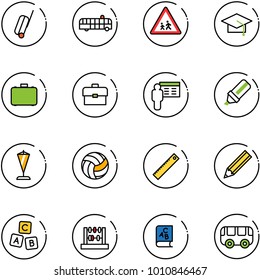 line vector icon set - suitcase vector, airport bus, children road sign, graduate hat, case, portfolio, presentation, highlight marker, pennant, volleyball, ruler, pencil, abc cube, abacus, book