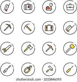 line vector icon set - suitcase vector, baggage scales, portfolio, job, rock axe, saw, rubber hammer, chisel, side cutters, paint roller, awl