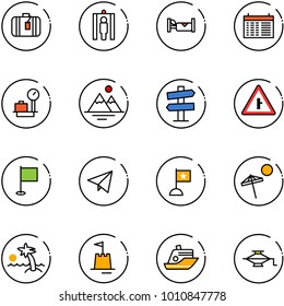 line vector icon set - suitcase vector, metal detector gate, hotel, schedule, baggage scales, mountains, road signpost sign, intersection, flag, paper fly, beach, palm, sand castle, cruiser, jack