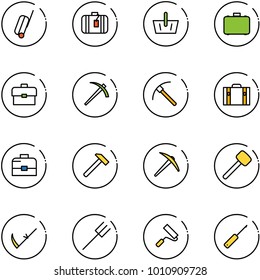 line vector icon set - suitcase vector, basket, case, portfolio, job, rock axe, hammer, rubber, scythe, farm fork, paint roller, awl