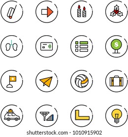line vector icon set - suitcase vector, right arrow, candle, holly, lungs, tap pay, menu, money tree, flag, paper fly, volleyball, car baggage, fine signal, corner ruler, bulb