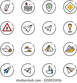 line vector icon set - suitcase vector, airport building, dollar pin, main road sign, intersection, paper plane, fly, pennant, mat, flip flops, tent, cruiser, rocket, sailboat toy