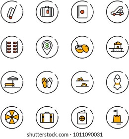 line vector icon set - suitcase vector, passport, trap truck, plane seats, dollar pin, coconut cocktail, bungalow, inflatable pool, flip flops, swimsuit, parasol, sand castle