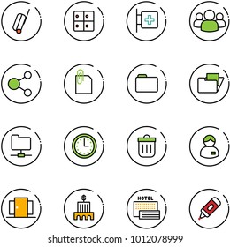 line vector icon set - suitcase vector, baggage room, first aid, group, share, attachment, folder, network, time, trash bin, manager, doors, bank building, sea hotel, marker