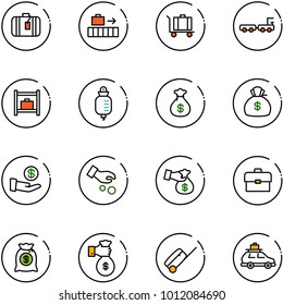 line vector icon set - suitcase vector, baggage, truck, room, drop counter, money bag, investment, encashment, portfolio, rich, car