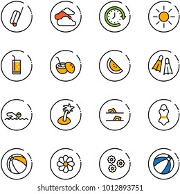 line vector icon set - suitcase vector, clouds, clock around, sun, drink, coconut cocktail, watermelone, flippers, swimming, palm, flip flops, swimsuit, ball, flower, beach