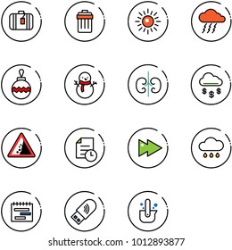 line vector icon set - suitcase vector, trash bin, sun, storm, christmas ball, snowman, kidneys, money rain, landslide road sign, history, fast forward, cloud, terms plan, usb wi fi
