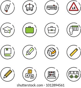 line vector icon set - suitcase vector, airport bus, children road sign, graduate hat, case, portfolio, presentation, book, highlight marker, volleyball, ruler, pencil, abc cube, abacus, toy