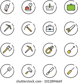 line vector icon set - suitcase vector, baggage scales, basket, case, job, rock axe, saw, side cutters, shovel, farm fork, paint roller, rasp, awl