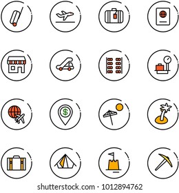 line vector icon set - suitcase vector, departure, passport, duty free, trap truck, plane seats, baggage scales, globe, dollar pin, beach, palm, tent, sand castle, axe