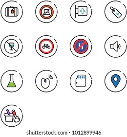 line vector icon set - suitcase vector, no computer sign, first aid room, medical label, alcohol, bike road, parking even, low volume, flask, mouse wireless, micro flash card, navigation pin