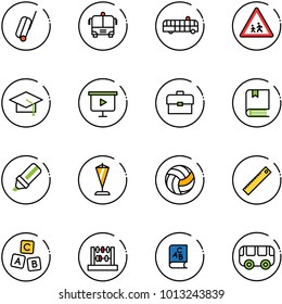 line vector icon set - suitcase vector, airport bus, children road sign, graduate hat, presentation board, portfolio, book, highlight marker, pennant, volleyball, ruler, abc cube, abacus, toy