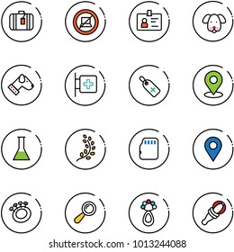 line vector icon set - suitcase vector, no computer sign, identity, dog, first aid room, medical label, map pin, flask, golden branch, micro flash card, navigation, beanbag