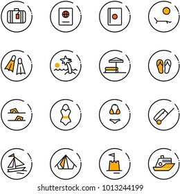 line vector icon set - suitcase vector, passport, lounger, flippers, palm, inflatable pool, flip flops, swimsuit, sail boat, tent, sand castle, cruiser