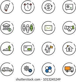 line vector icon set - suitcase vector, alarm clock, dollar exchange, safe, account, group, mail, agreement, growth arrow, envelope, win, home, limousine, gear, atom core, truck toy