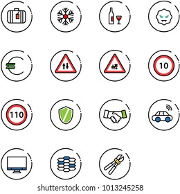 line vector icon set - suitcase vector, snowflake, wine, virus, euro, oncoming traffic road sign, railway intersection, speed limit 10, 110, shield, agreement, car wireless, monitor, carbon