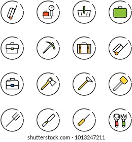 line vector icon set - suitcase vector, baggage scales, basket, case, portfolio, job, axe, mason hammer, rubber, farm fork, rasp, awl, shovel toy