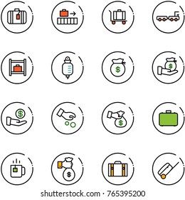 line vector icon set - suitcase vector, baggage, truck, room, drop counter, money bag, investment, encashment, case, green tea, rich