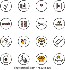 line vector icon set - suitcase vector, passport, baggage truck, plane seats, lounger, bungalow, palm, flip flops, parasol, sail boat, shell, car