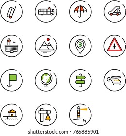 line vector icon set - suitcase vector, airport bus, insurance, trap truck, building, mountains, dollar pin, intersection road sign, flag, globe, signpost, helicopter, bungalow, ship bell