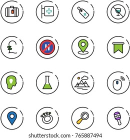 line vector icon set - suitcase vector, first aid room, medical label, no alcohol sign, pound, parking even road, map pin, flag, head bulb, flask, mountains, mouse wireless, navigation, beanbag