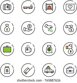 line vector icon set - suitcase vector, baggage truck, room, first aid kit, money bag, investment, encashment, case, green tea, rich, car