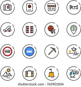line vector icon set - suitcase vector, passport, duty free, hotel, trap truck, plane seats, globe, dollar pin, customs road sign, bus, job, palm, pyramid, sand castle, helicopter toy