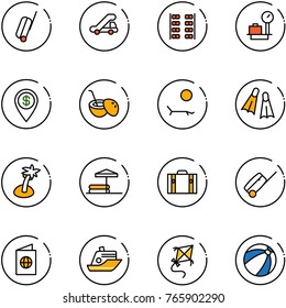 line vector icon set - suitcase vector, trap truck, plane seats, baggage scales, dollar pin, coconut cocktail, lounger, flippers, palm, inflatable pool, passport, cruiser, kite, beach ball