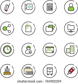line vector icon set - suitcase vector, first aid room, calculator, user, share, attachment, folder, network, time, manager, schedule, building, bank, sea hotel, tool cabinet, marker
