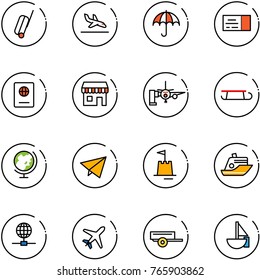 line vector icon set - suitcase vector, arrival, insurance, ticket, passport, duty free, boarding passengers, sleigh, globe, paper fly, sand castle, cruiser, plane, trailer, sailboat toy