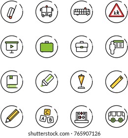 line vector icon set - suitcase vector, airport bus, children road sign, presentation board, case, portfolio, book, highlight marker, pennant, ruler, pencil, abc cube, abacus, toy