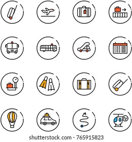 line vector icon set - suitcase vector, departure, baggage, airport bus, trap truck, schedule, scales, flippers, air balloon, car, trip, helicopter toy