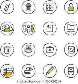 line vector icon set - suitcase vector, trash bin, baggage room, user, group, document, network folder, printer, portfolio, contact book, hotel, wireless, pencil, tool cabinet