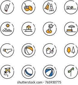 line vector icon set - suitcase vector, coconut cocktail, flippers, swimming, reading, bungalow, palm, inflatable pool, swimsuit, ball, bucket scoop, forest, kite, beach, toy windmill