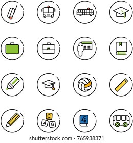 line vector icon set - suitcase vector, airport bus, graduate hat, case, portfolio, presentation, book, highlight marker, volleyball, ruler, pencil, abc cube, toy