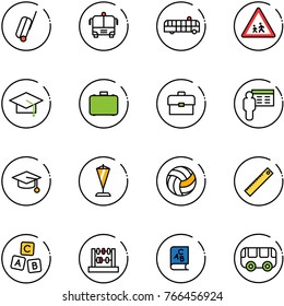line vector icon set - suitcase vector, airport bus, children road sign, graduate hat, case, portfolio, presentation, pennant, volleyball, ruler, abc cube, abacus, book, toy