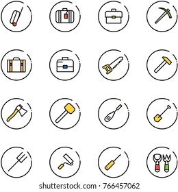 line vector icon set - suitcase vector, portfolio, job, case, saw, hammer, axe, rubber, chisel, shovel, farm fork, paint roller, awl, toy