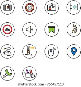 line vector icon set - suitcase vector, no computer sign, identity, first aid room, bike road, low volume, flag, golden branch, mountains, lighthouse, mouse wireless, navigation pin, beanbag