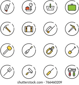 line vector icon set - suitcase vector, baggage scales, basket, case, rock axe, rubber hammer, chisel, side cutters, shovel, farm fork, paint roller, awl, toy