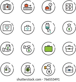 line vector icon set - suitcase vector, baggage, scales, room, first aid kit, doctor bag, drop counter, money, investment, encashment, case, portfolio, green tea, rich