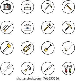 line vector icon set - suitcase vector, portfolio, job, rock axe, case, rubber hammer, side cutters, shovel, scythe, farm fork, paint roller, rasp, toy